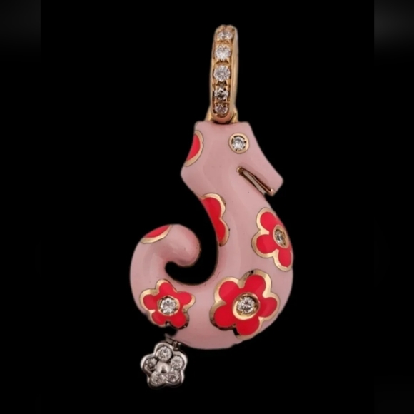 Aaron Basha 18k Gold Seahorse Diamond Enamel Pendant Charm-Estate Jewelry 7.4g - Picture 1 of 14